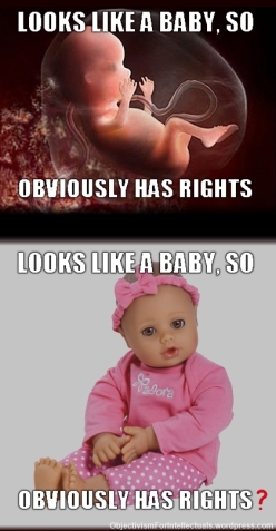 Fetal rights and abortion meme. A fetus and a doll both look like babies. Pro-choice is pro-life. Embryos don't have rights.
