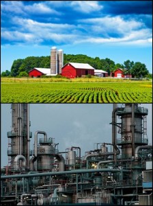 A farm and a factory: examples of property that requires effort to build.