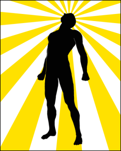 The happiness of a man whose enlightened mind illuminates the world. Silhouette of Howard Roark with light rays emanating from his head.