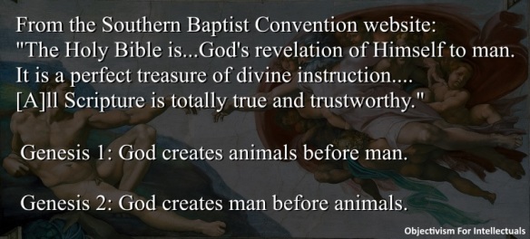 Biblical inerrancy - In the Bible, order of creation is different between Genesis 1 and Genesis 2. God creates animals before man in 1 and man before animals in 2.